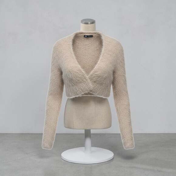 Zara Sweaters - Zara Fuzzy Cropped Wrap Cardigan Sweater Beige Size L